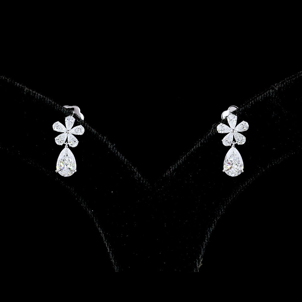 14K White Gold Pear Shape Dangle Earrings with Lab-Grown Diamond Floral Cluster and Drops - 1.96 Carats Total Diamond Weight - Covaloro Fine Jewelry