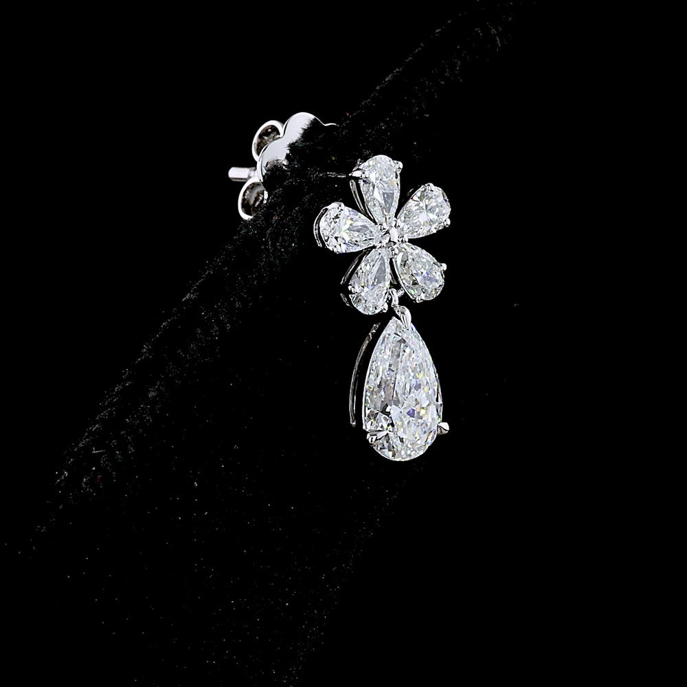 14K White Gold Pear Shape Dangle Earrings with Lab-Grown Diamond Floral Cluster and Drops - 1.96 Carats Total Diamond Weight - Covaloro Fine Jewelry