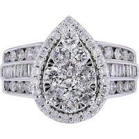 14K White Gold Pear Shape Diamond Engagement Ring with Round and Baguette Accents - 2.00 Carat Total Diamond Weight