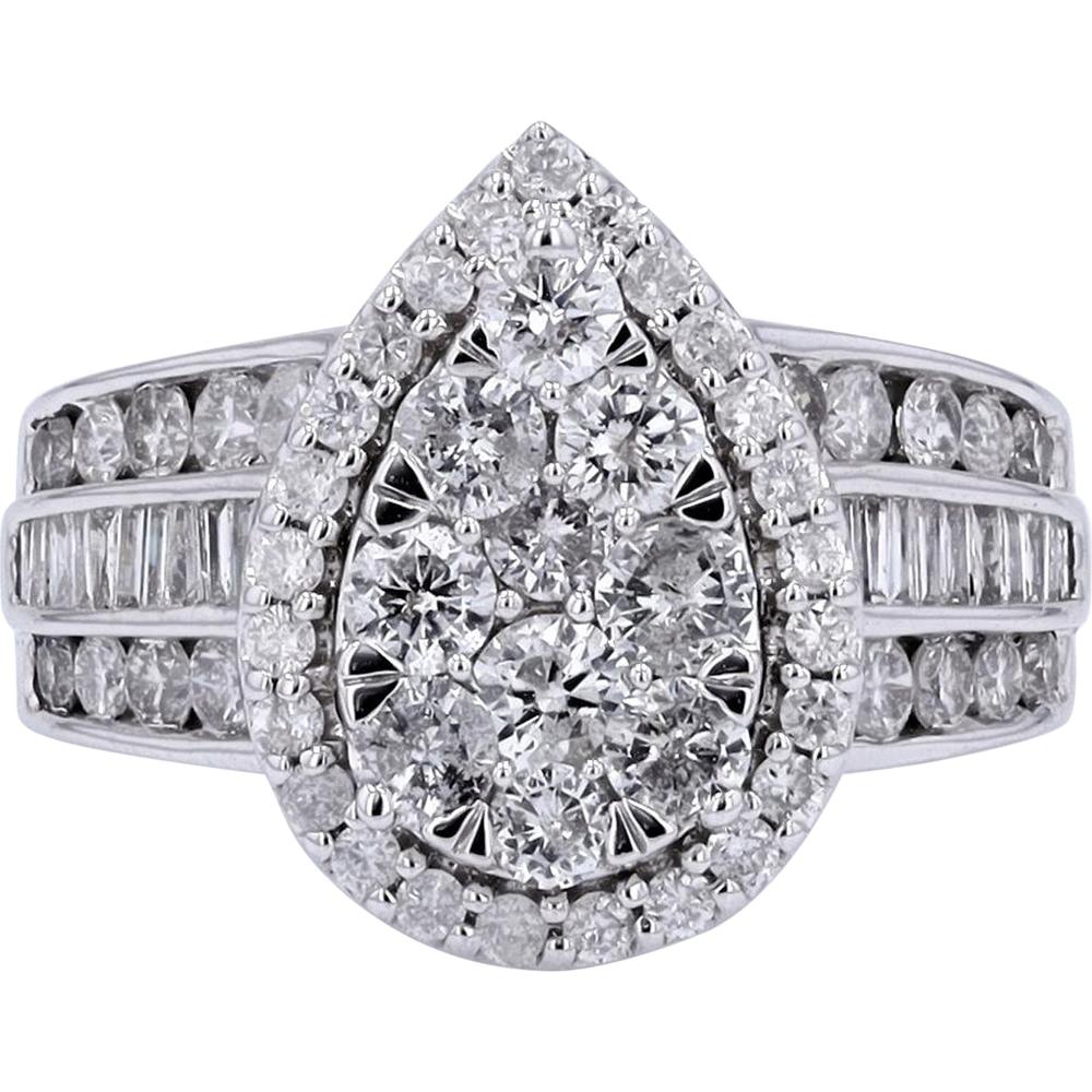 14K White Gold Pear Shape Diamond Engagement Ring with Round and Baguette Accents - 2.00 Carat Total Diamond Weight