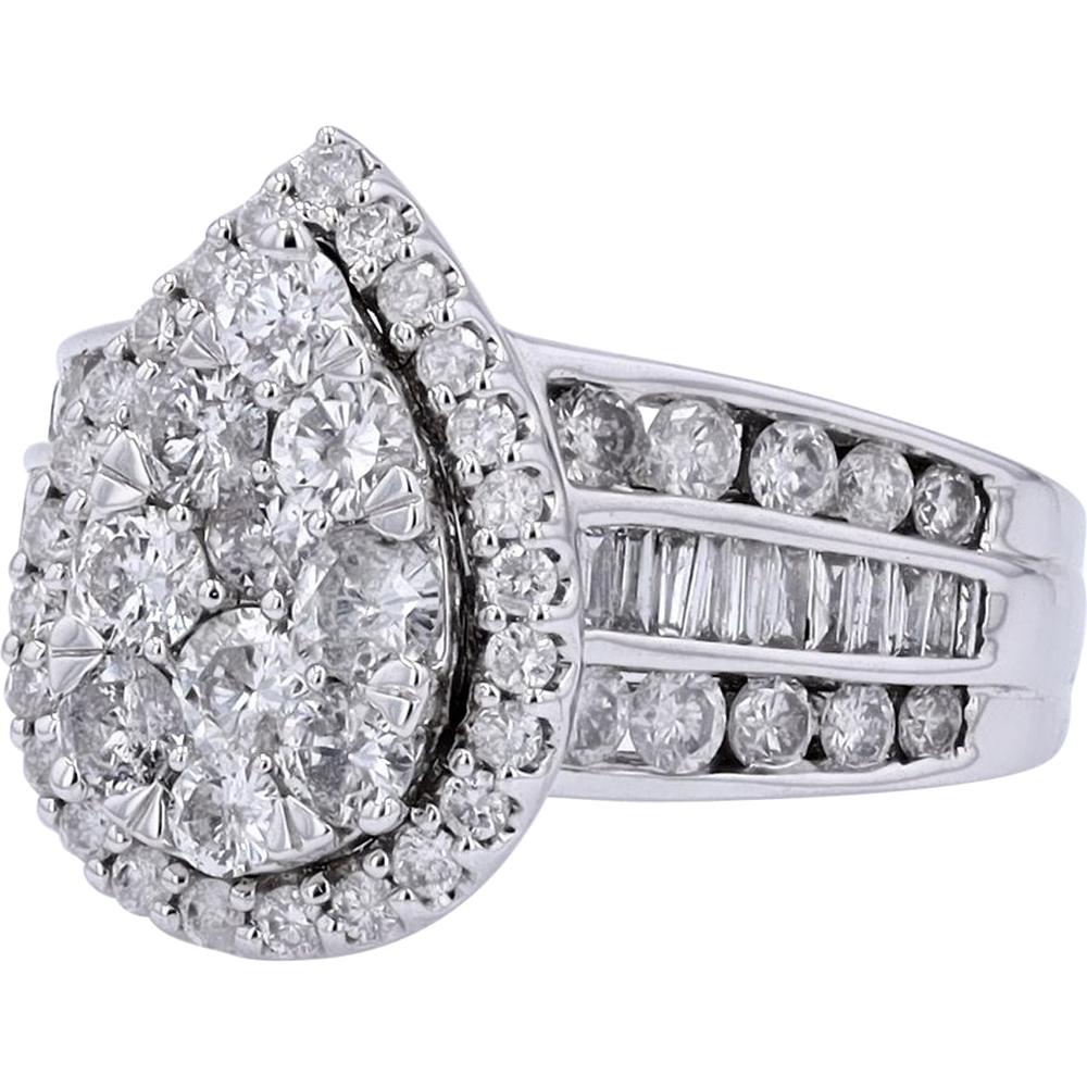 14K White Gold Pear Shape Diamond Engagement Ring with Round and Baguette Accents - 2.00 Carat Total Diamond Weight