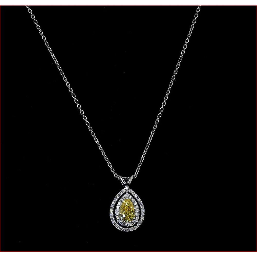 14K White Gold Pear Shape Double Halo Pendant with East-West Set 0.52 Carats Fancy Vivid Yellow Lab Diamond and 0.25 Carats White Diamond Accents - 0.77 Total Carat Weight - Covaloro Fine Jewelry