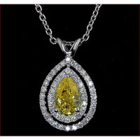 14K White Gold Pear Shape Double Halo Pendant with East-West Set 0.52 Carats Fancy Vivid Yellow Lab Diamond and 0.25 Carats White Diamond Accents - 0.77 Total Carat Weight - Covaloro Fine Jewelry