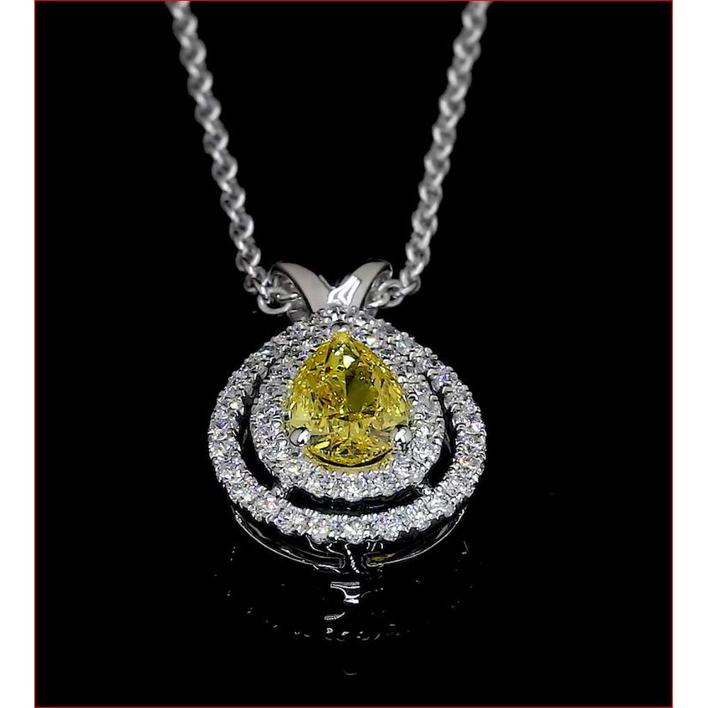 14K White Gold Pear Shape Double Halo Pendant with East-West Set 0.52 Carats Fancy Vivid Yellow Lab Diamond and 0.25 Carats White Diamond Accents - 0.77 Total Carat Weight - Covaloro Fine Jewelry