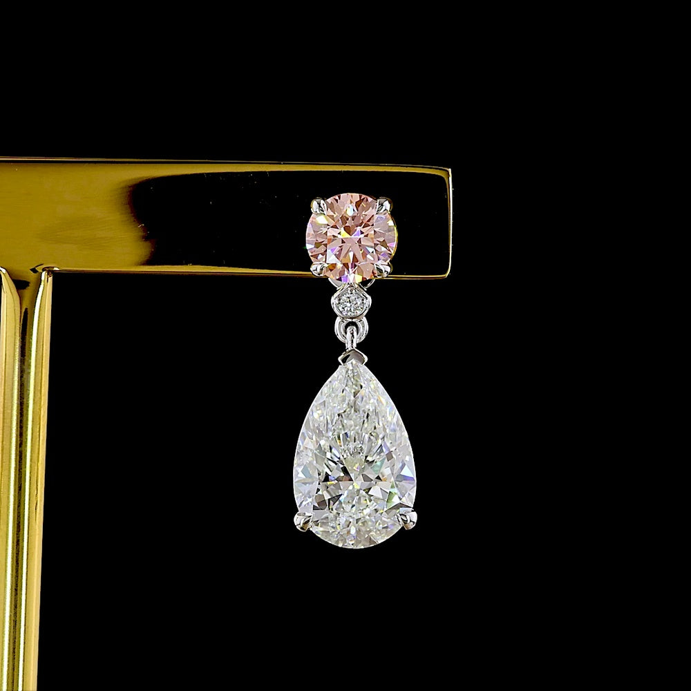 14K White Gold Pear Shape Drop Earrings with Fancy Vivid Pink Lab Diamonds and Brilliant White Accents - 5.09 Carats Total Diamond Weight - Covaloro Fine Jewelry