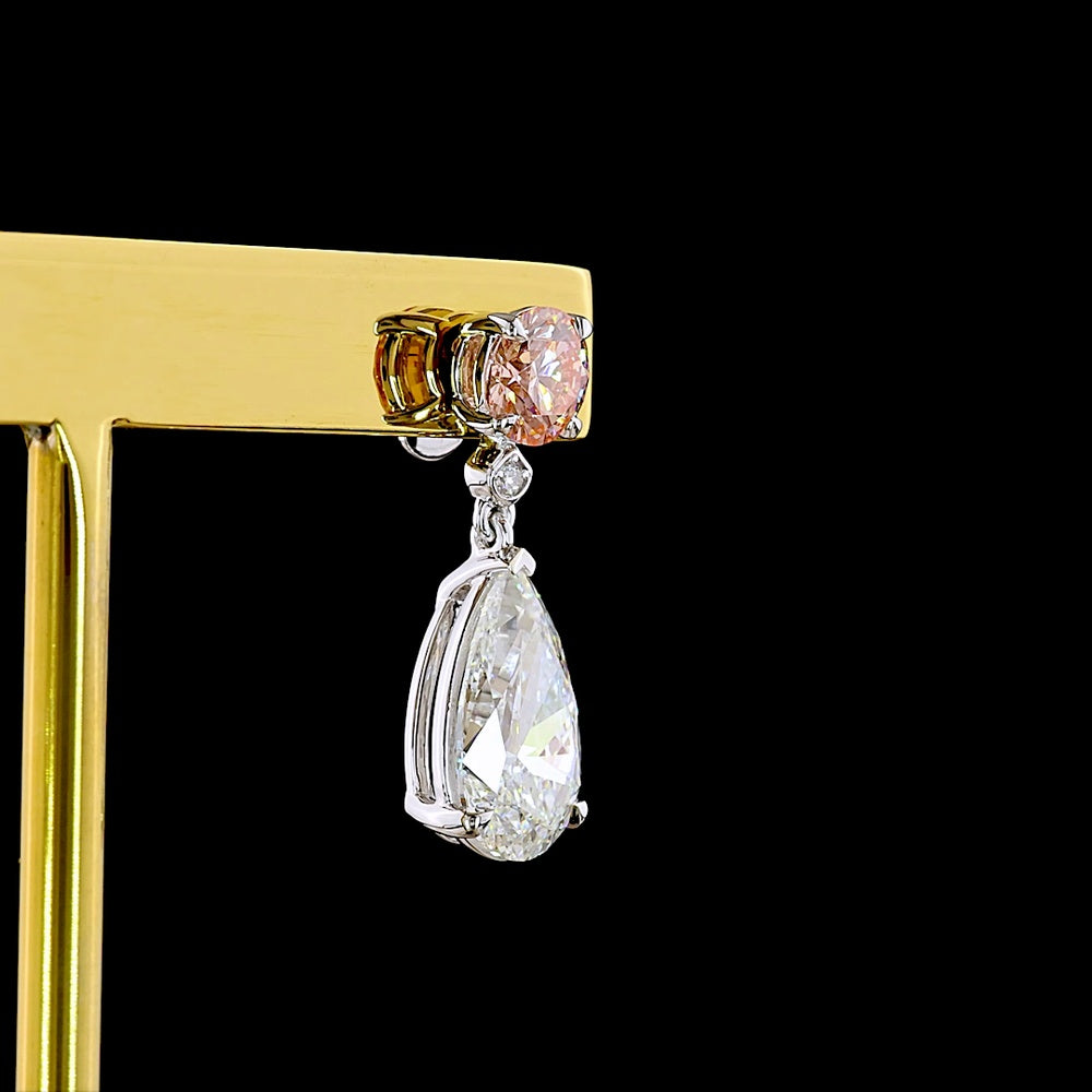 14K White Gold Pear Shape Drop Earrings with Fancy Vivid Pink Lab Diamonds and Brilliant White Accents - 5.09 Carats Total Diamond Weight - Covaloro Fine Jewelry