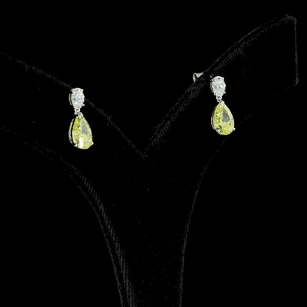 14K White Gold Pear Shape Drop Earrings with Fancy Vivid Yellow Lab Diamonds and Emerald Cut Accents - 2.62 Carats Total Diamond Weight - Covaloro Fine Jewelry