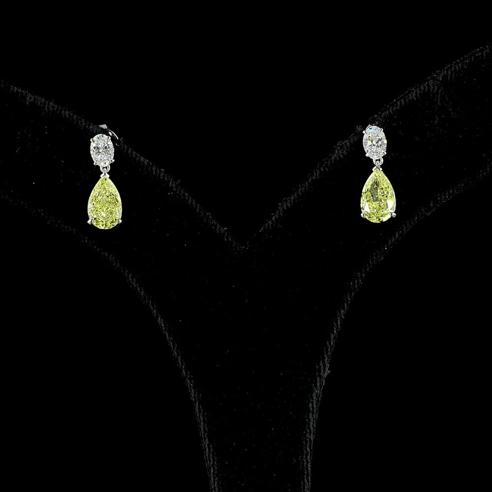 14K White Gold Pear Shape Drop Earrings with Fancy Vivid Yellow Lab Diamonds and Emerald Cut Accents - 2.62 Carats Total Diamond Weight - Covaloro Fine Jewelry