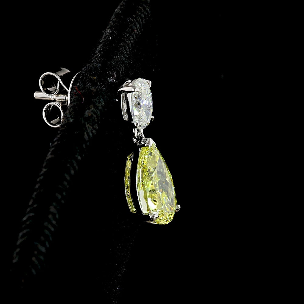 14K White Gold Pear Shape Drop Earrings with Fancy Vivid Yellow Lab Diamonds and Emerald Cut Accents - 2.62 Carats Total Diamond Weight - Covaloro Fine Jewelry