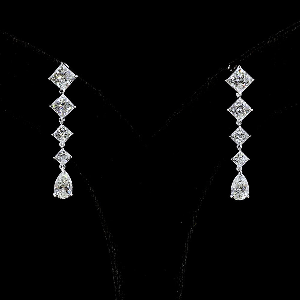 14K White Gold Pear Shape Drop Earrings with Princess Cut Lab Diamonds - 3.99 Carat Total Weight - Covaloro Fine Jewelry
