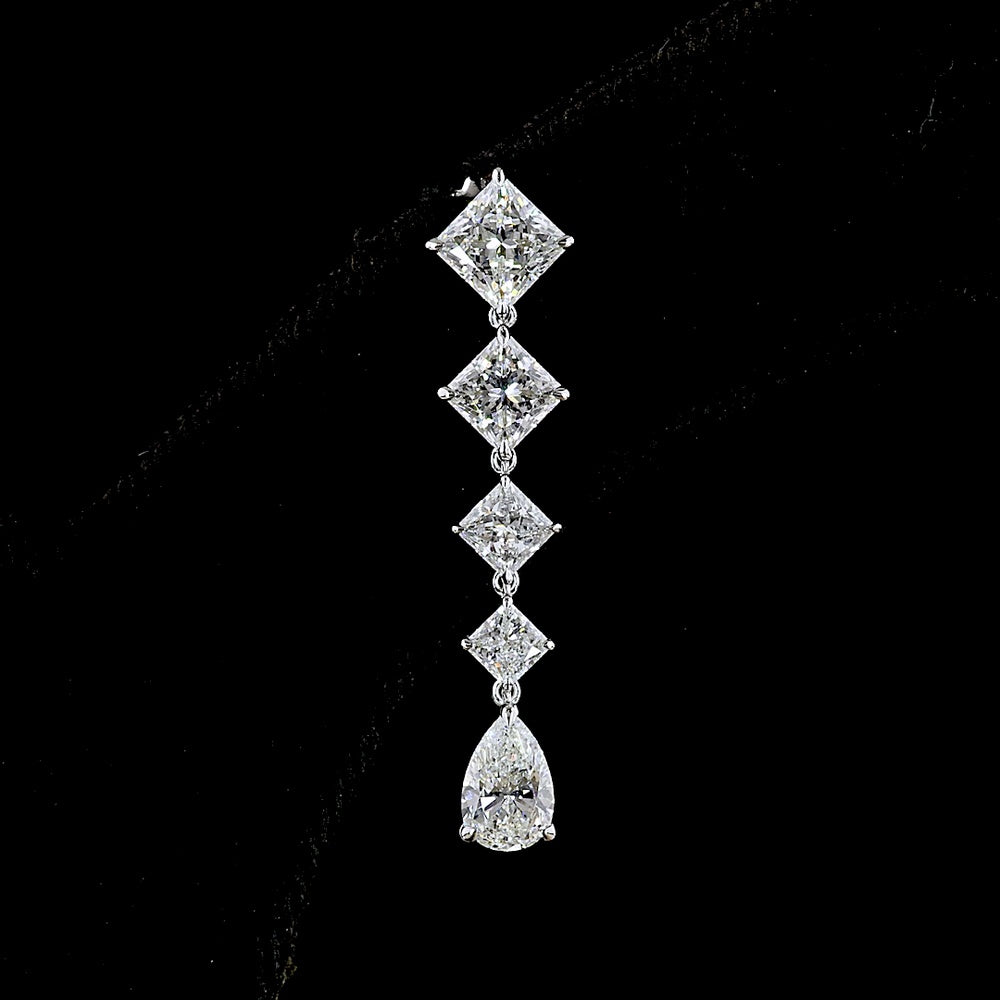 14K White Gold Pear Shape Drop Earrings with Princess Cut Lab Diamonds - 3.99 Carat Total Weight - Covaloro Fine Jewelry