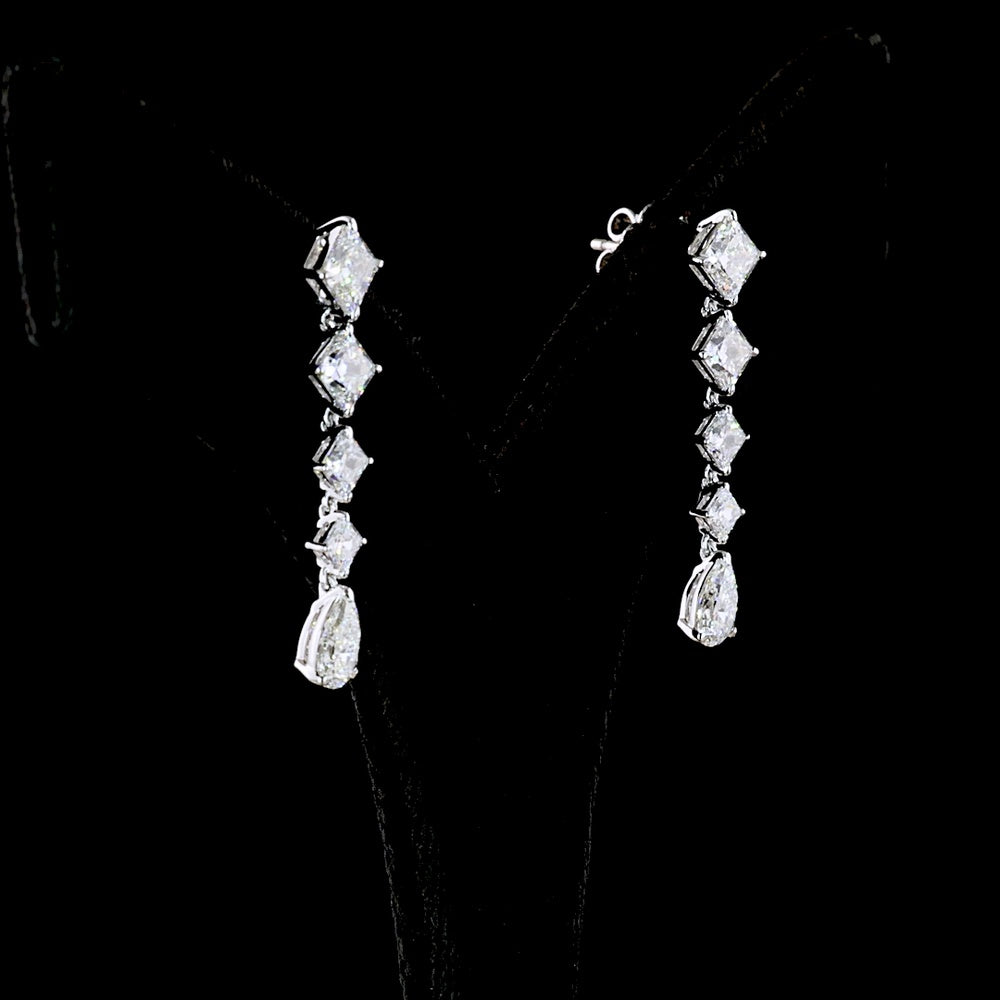14K White Gold Pear Shape Drop Earrings with Princess Cut Lab Diamonds - 3.99 Carat Total Weight - Covaloro Fine Jewelry