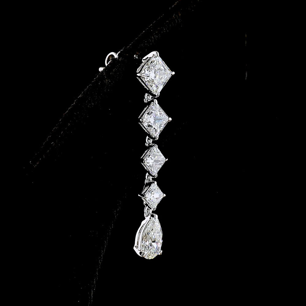 14K White Gold Pear Shape Drop Earrings with Princess Cut Lab Diamonds - 3.99 Carat Total Weight - Covaloro Fine Jewelry
