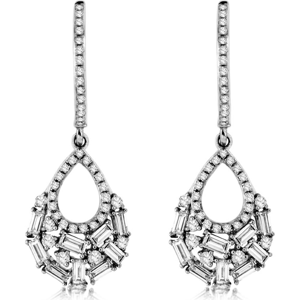 14K White Gold Pear-Shape Drop Earrings with Round and Baguette Diamonds - 0.89 Carat Total Diamond Weight - Royal Jewelry