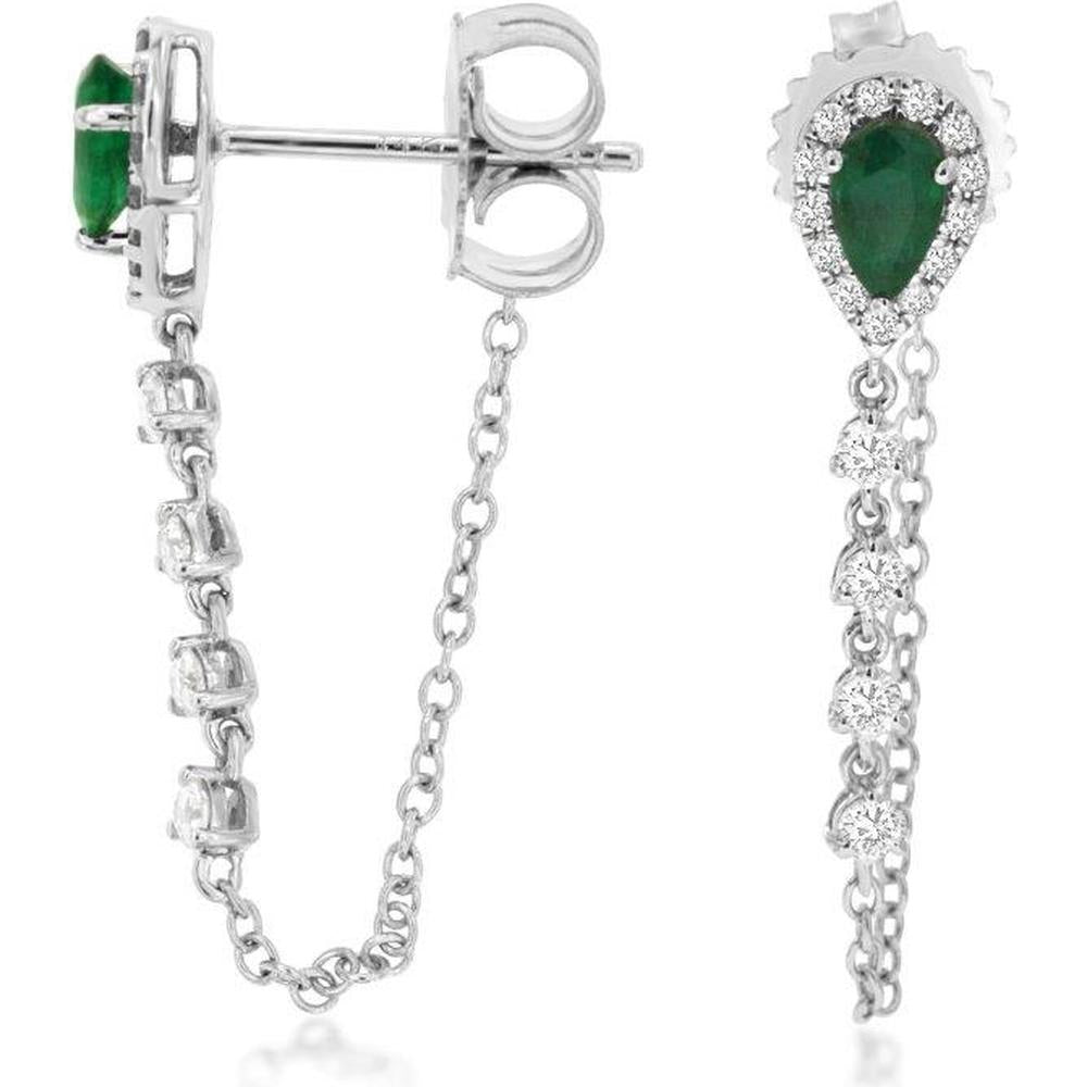 14K White Gold Pear Shape Emerald and Diamond Halo Drop Earrings with Diamond Chain Accent - 0.42 Carat Total Emerald Weight, 0.35 Carat Total Diamond Weight - Royal Jewelry