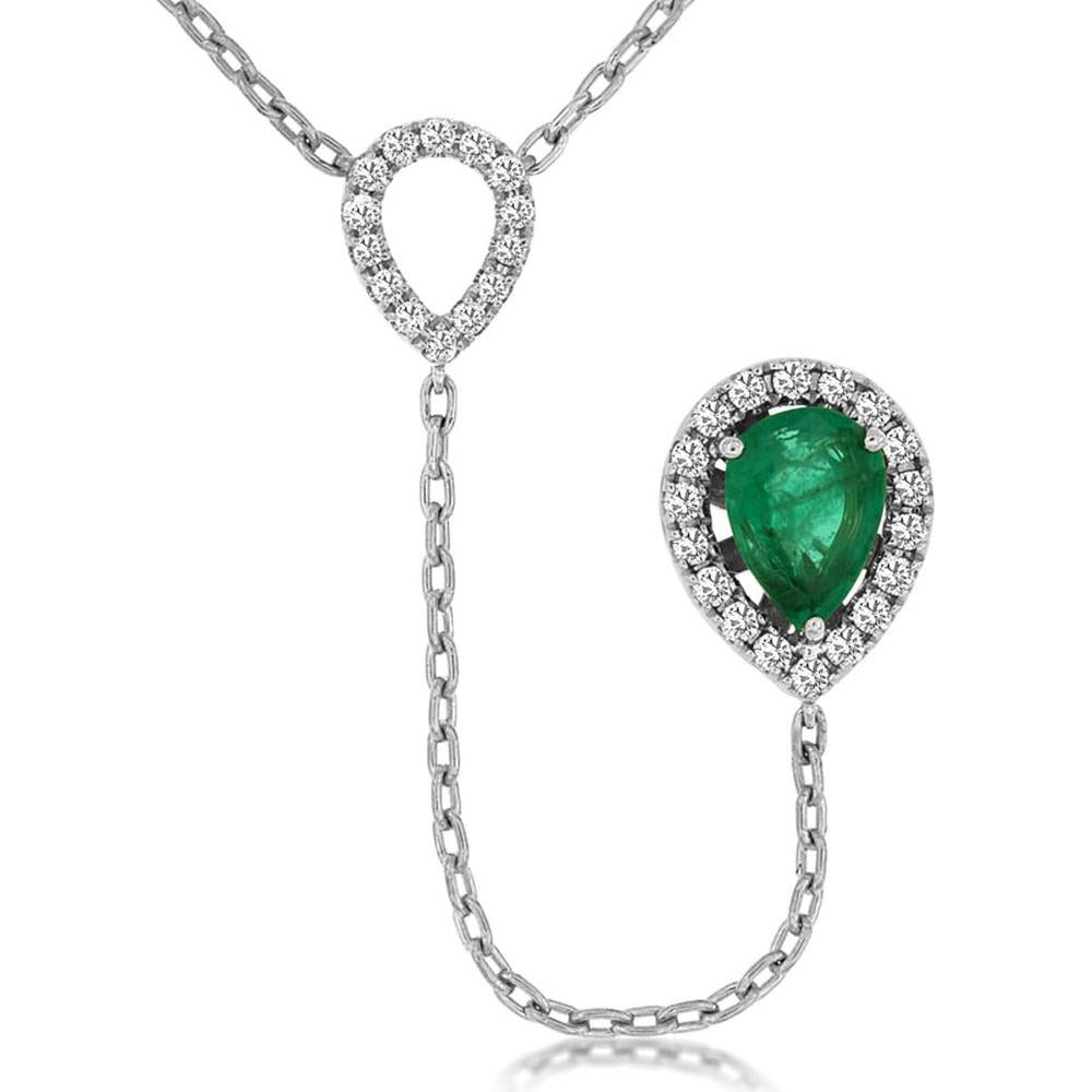 14K White Gold Pear Shape Emerald and Diamond Halo Lariat Pendant Necklace - 0.68 Carat Emerald and 0.20 Carat Total Diamond Weight - Royal Jewelry