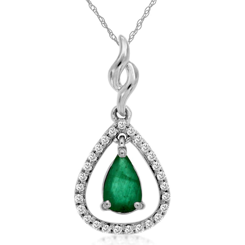 14K White Gold Pear Shape Emerald and Diamond Pendant Necklace - 0.38 Carat Emerald and 0.08 Carat Total Diamond Weight - Royal Jewelry