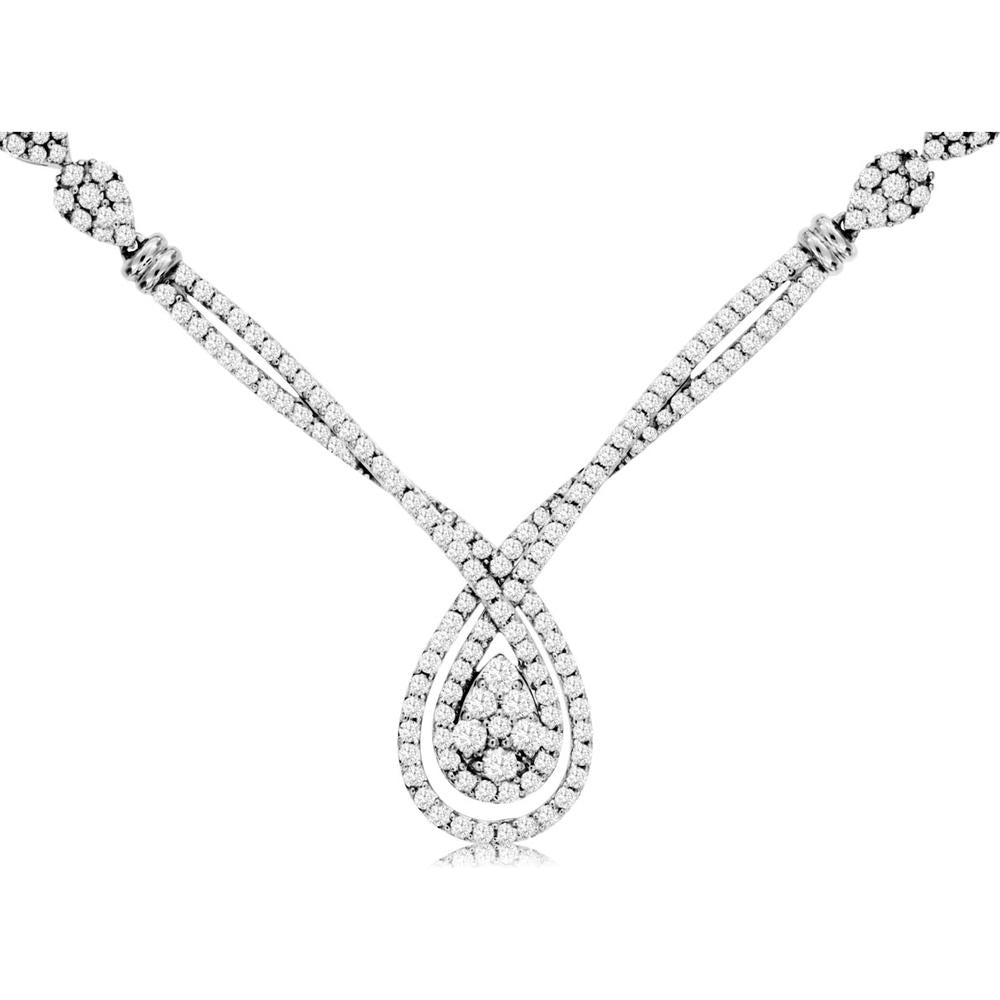 14K White Gold Pear Shape Halo Pendant Necklace with Diamond Cluster and Double Strands - 4.70 Carat Total Diamond Weight - Royal Jewelry