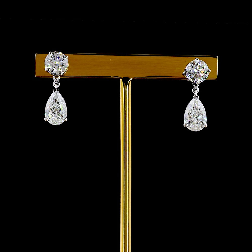 14K White Gold Pear-Shape Hanging Drop Earrings with Brilliant Round Stud and 4.24 Carat Total Weight Lab Diamond E-F VS2 - Covaloro Fine Jewelry