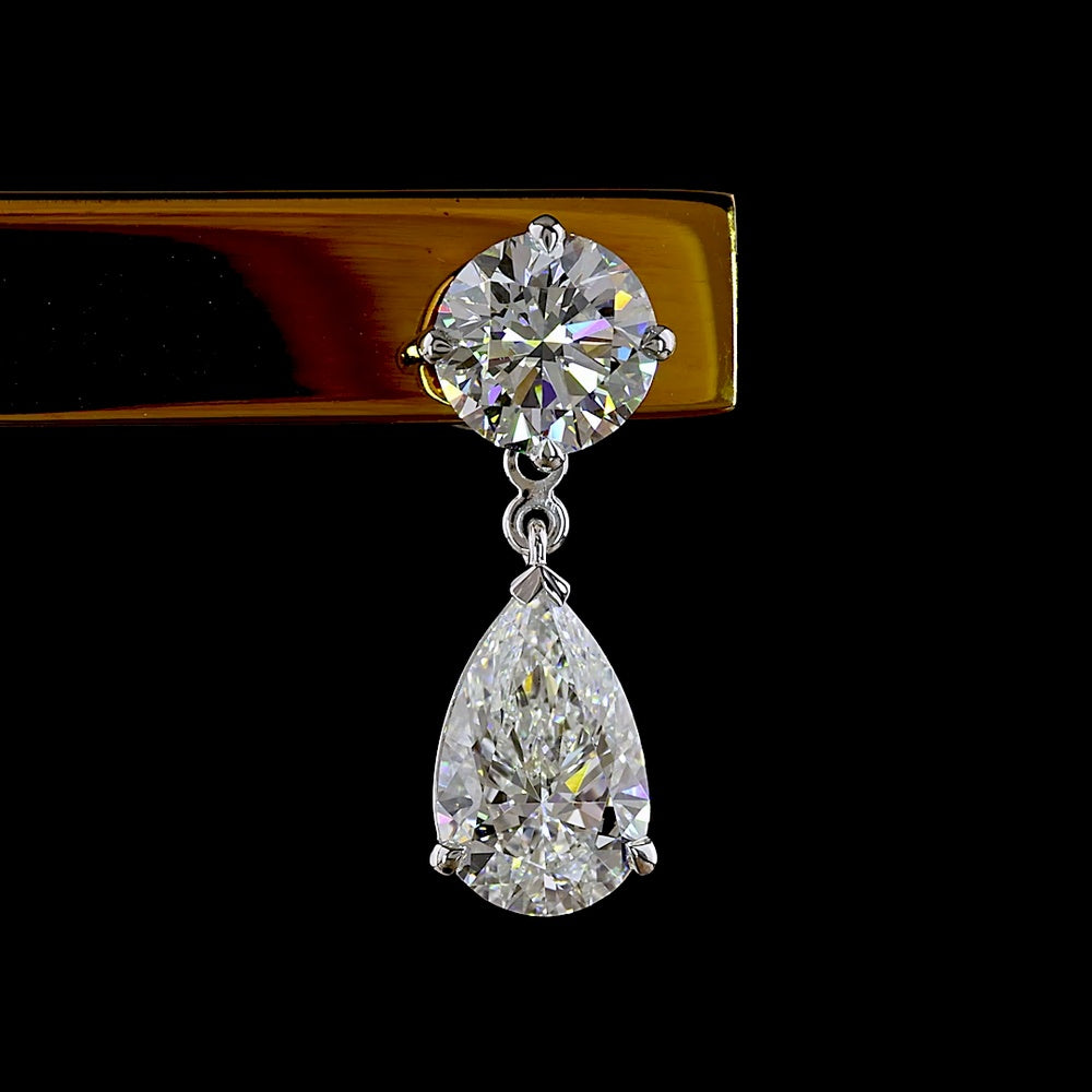 14K White Gold Pear-Shape Hanging Drop Earrings with Brilliant Round Stud and 4.24 Carat Total Weight Lab Diamond E-F VS2 - Covaloro Fine Jewelry
