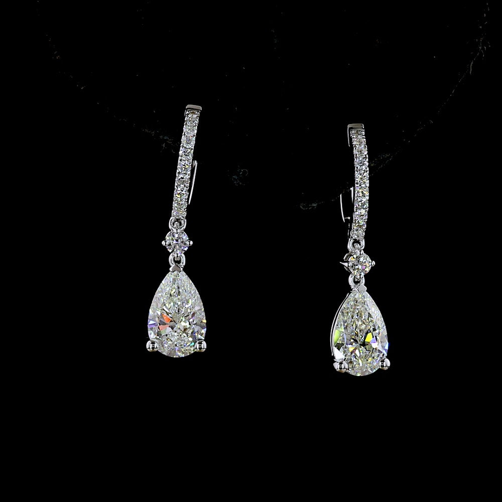 14K White Gold Pear Shape Hanging Drop Earrings with Lab Diamonds - F VVS2/VS2 Center Stones - 2.81 Carat Total Diamond Weight - Covaloro Fine Jewelry