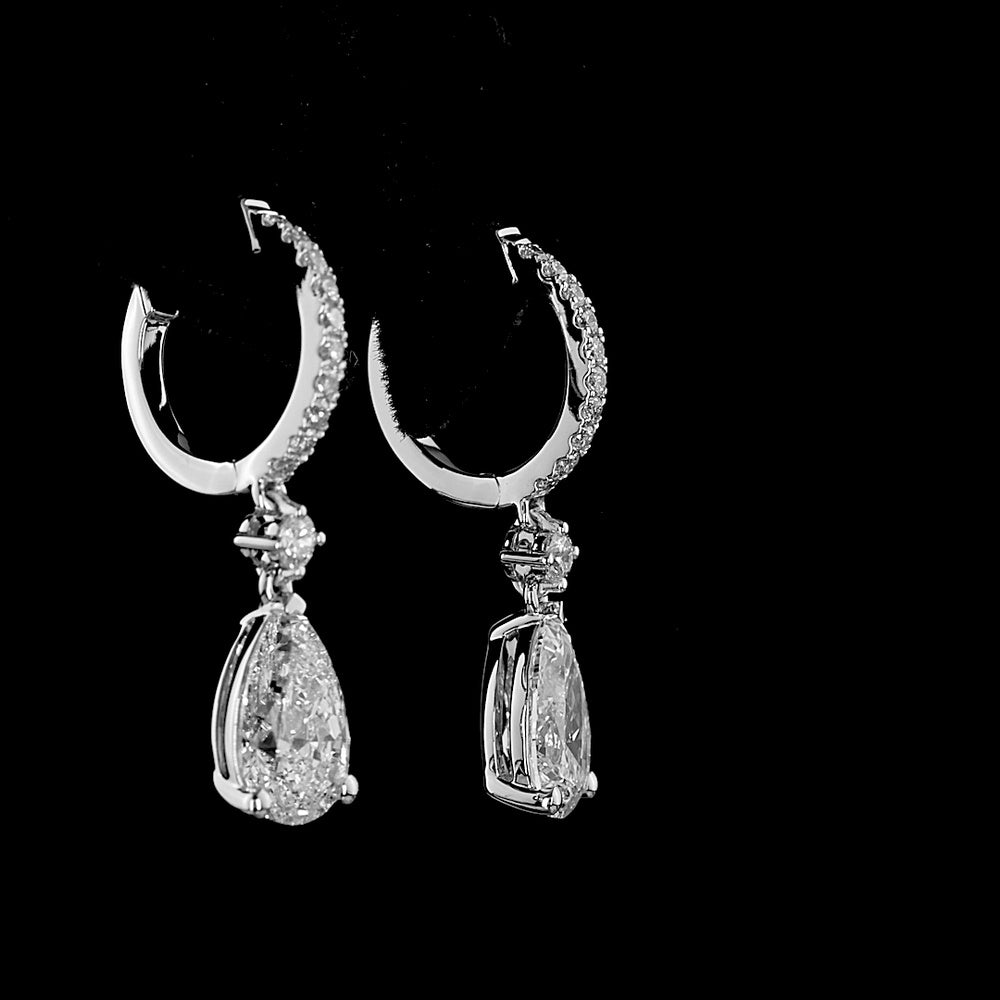 14K White Gold Pear Shape Hanging Drop Earrings with Lab Diamonds - F VVS2/VS2 Center Stones - 2.81 Carat Total Diamond Weight - Covaloro Fine Jewelry