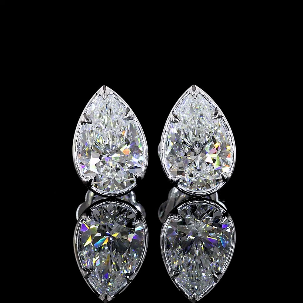 14K White Gold Pear Shape Lab Diamond Stud Earrings with Bezel-Prong Setting and Milgrain Detail - 3.04 Carat Total Weight, E Color VS1 Clarity - Covaloro Fine Jewelry