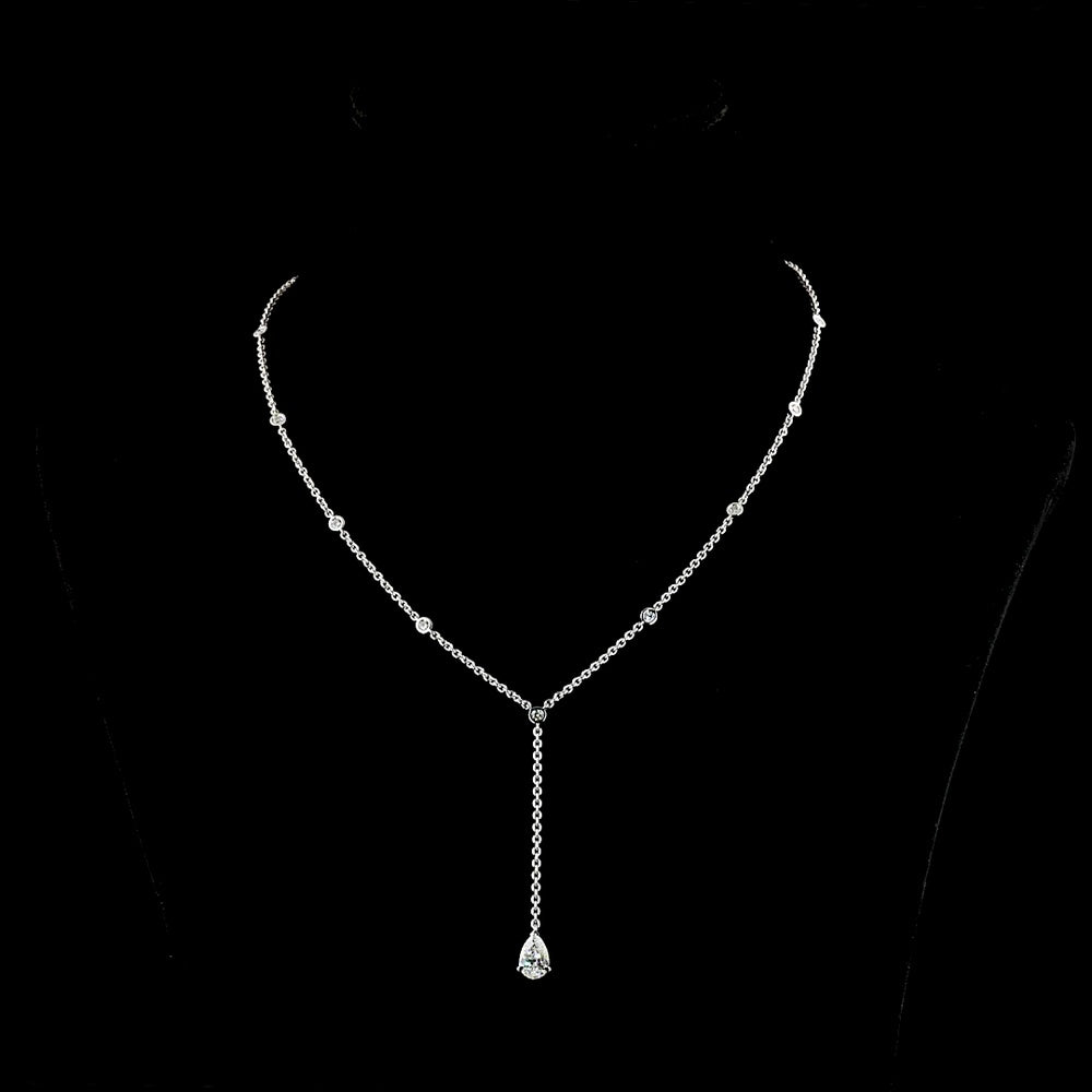 14K White Gold Pear-Shape Lariat Necklace with 1.06 Carat Lab Diamond Drop and 0.41 Carat Brilliant Cut Diamond Station Accents - 1.47 Total Carat Weight - Covaloro Fine Jewelry