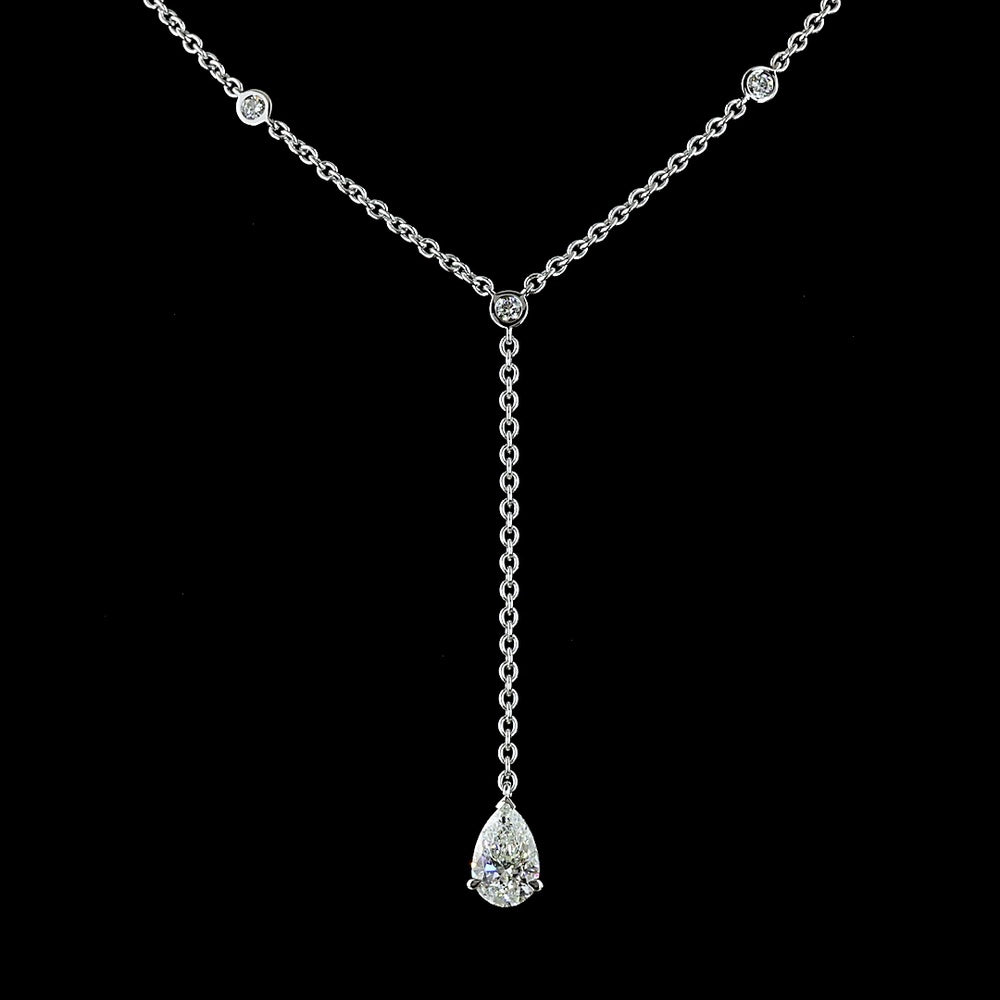 14K White Gold Pear-Shape Lariat Necklace with 1.06 Carat Lab Diamond Drop and 0.41 Carat Brilliant Cut Diamond Station Accents - 1.47 Total Carat Weight - Covaloro Fine Jewelry