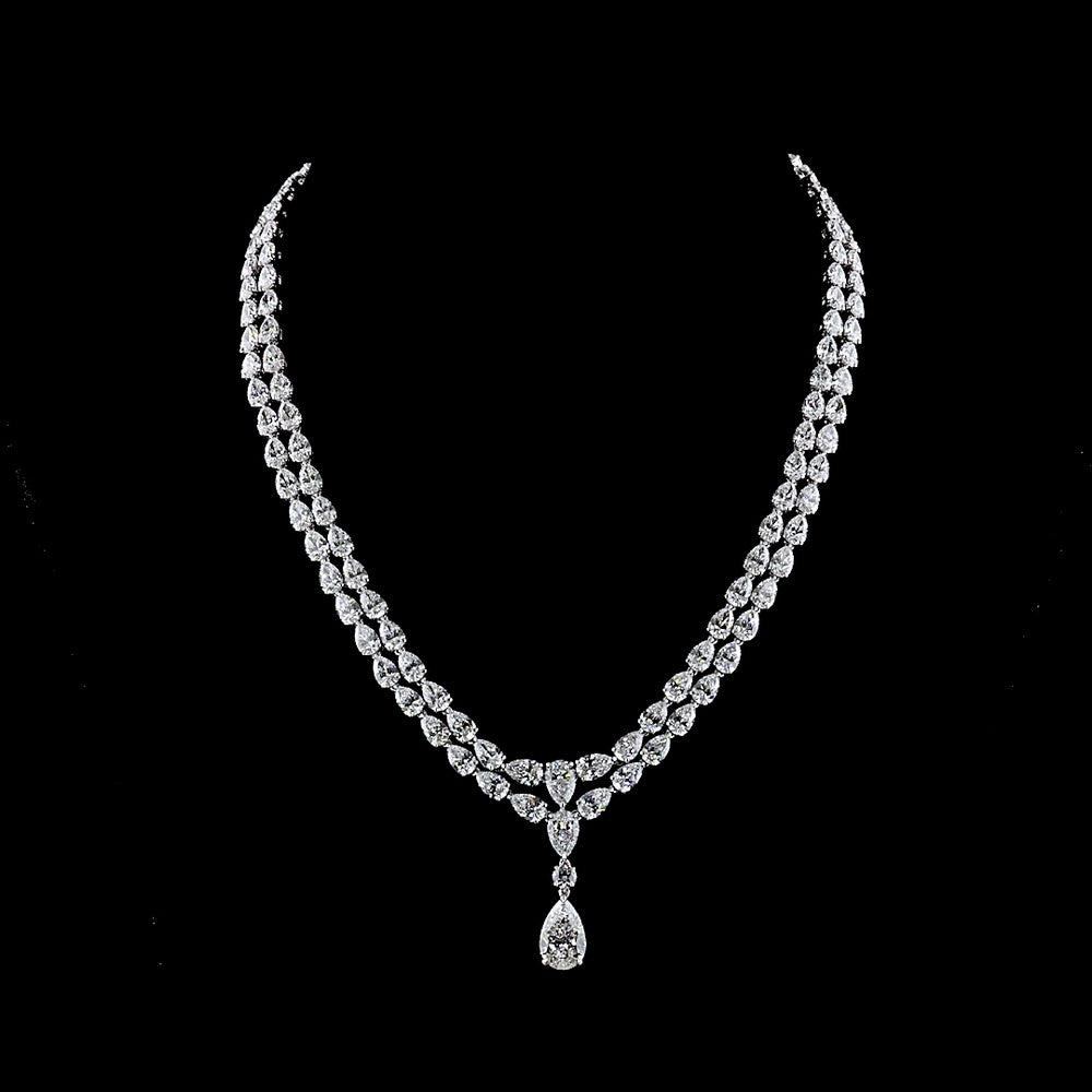 14K White Gold Pear Shape Lariat Necklace with 116 Lab-Grown Diamonds - 52.44 Carat Total Weight, F VS1 Clarity - Covaloro Fine Jewelry