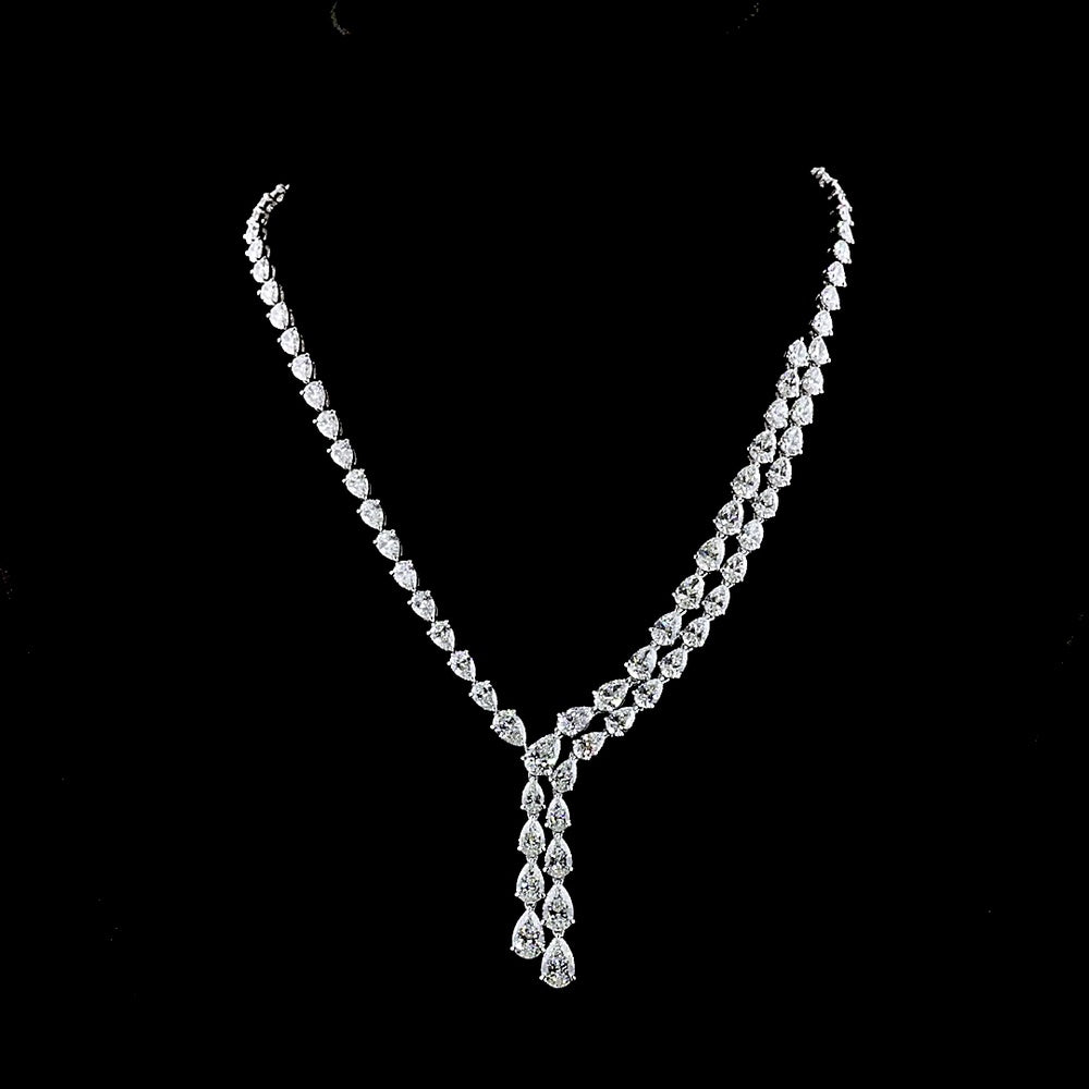14K White Gold Pear Shape Lariat Necklace with Graduated Lab Diamonds - 31.72 Carat Total Weight, E-F VS1 Clarity - Covaloro Fine Jewelry