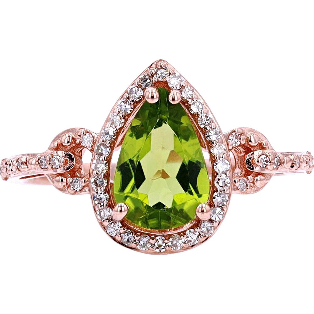 14K White Gold Pear Shape Peridot Ring with Diamond Halo and Horsebit Shank - 0.20 Carats Total Diamond Weight