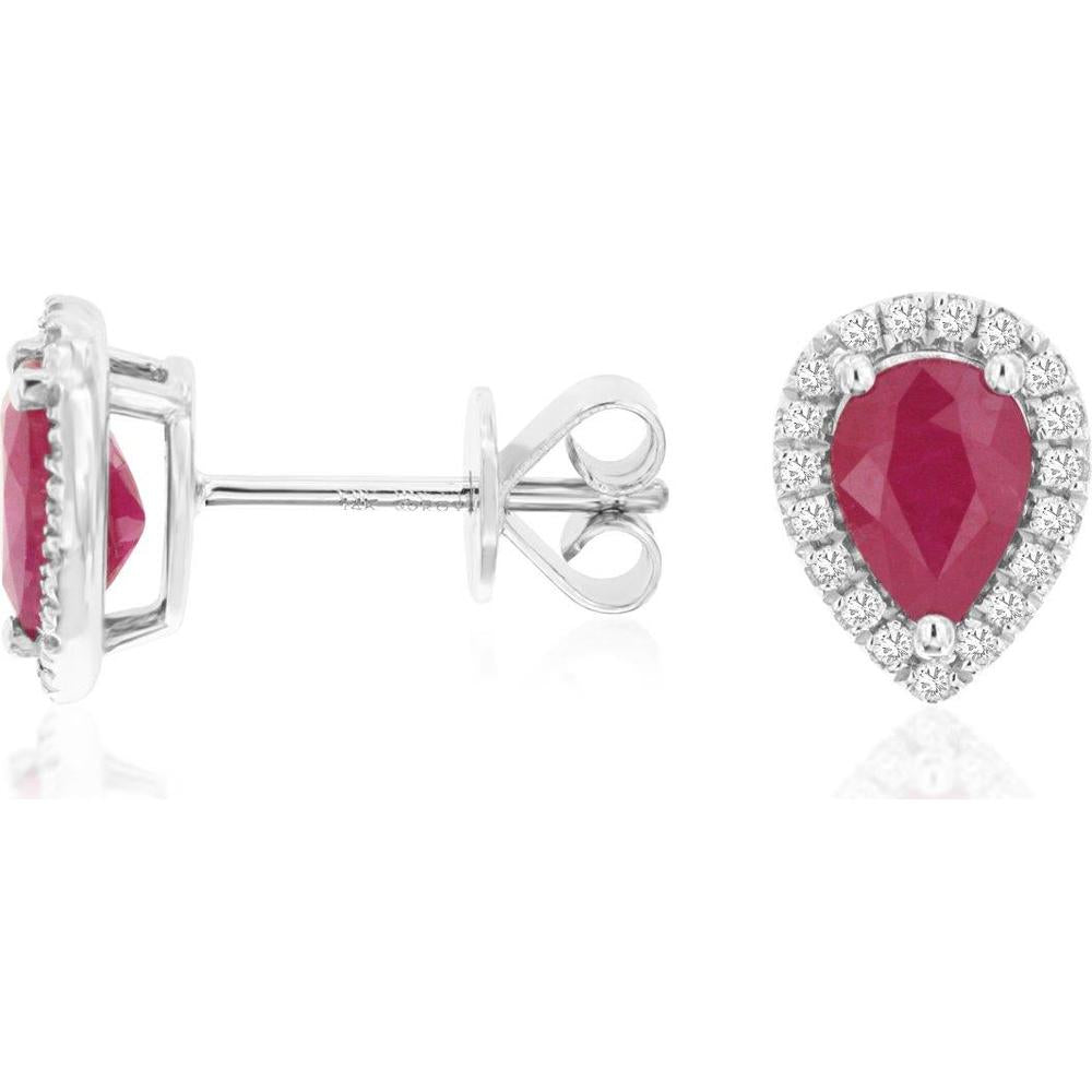 14K White Gold Pear Shape Ruby and Diamond Halo Stud Earrings - 1.50 Carat Total Ruby Weight, 0.20 Carat Total Diamond Weight - Royal Jewelry