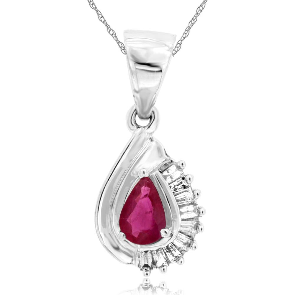 14K White Gold Pear Shape Ruby and Round Diamond Pendant - 0.50 Carats Ruby, 0.15 Carats Diamond