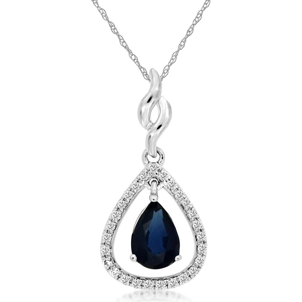 14K White Gold Pear Shape Sapphire Pendant with Diamond Teardrop Halo - 0.55 Carat Sapphire & 0.08 Carat Total Diamond Weight - Royal Jewelry