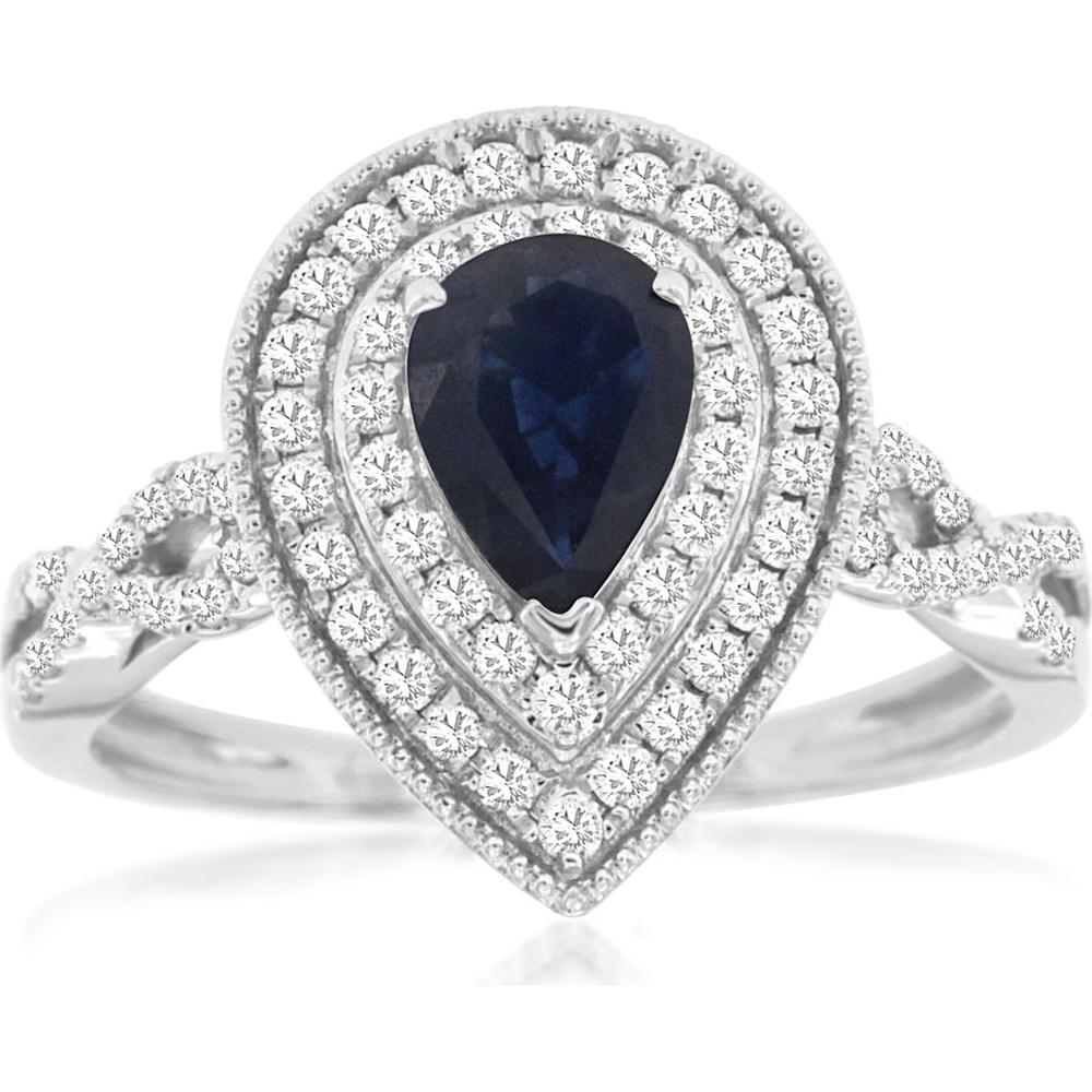 14K White Gold Pear Shape Sapphire Ring with Double Diamond Halo and Diamond Accent Band - 0.88 Carat Sapphire, 0.45 Carat Total Diamond Weight - Royal Jewelry