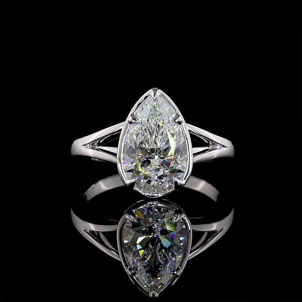 14K White Gold Pear Shape Solitaire Ring with Bezel-Prong Set 2.53 Carat Lab Diamond - E-F Color VS1 Clarity - Covaloro Fine Jewelry