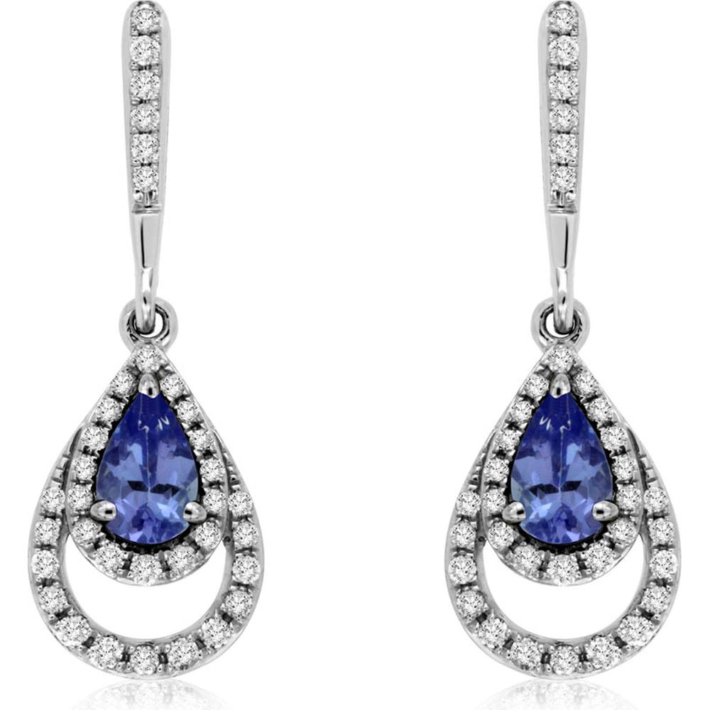 14K White Gold Pear Shape Tanzanite and Diamond Halo Drop Earrings - 0.40 Carat Total Tanzanite Weight, 0.20 Carat Total Diamond Weight - Royal Jewelry