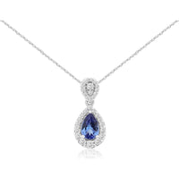 14K White Gold Pear Shape Tanzanite and Diamond Halo Pendant with Diamond Bail - 0.45 Carat Tanzanite and 0.20 Carat Total Diamond Weight - Royal Jewelry