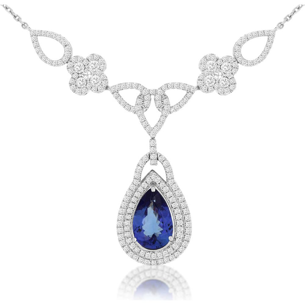 14K White Gold Pear Shape Tanzanite and Diamond Necklace - 2.65 Carat Tanzanite and 1.80 Carat Total Diamond Weight - Royal Jewelry