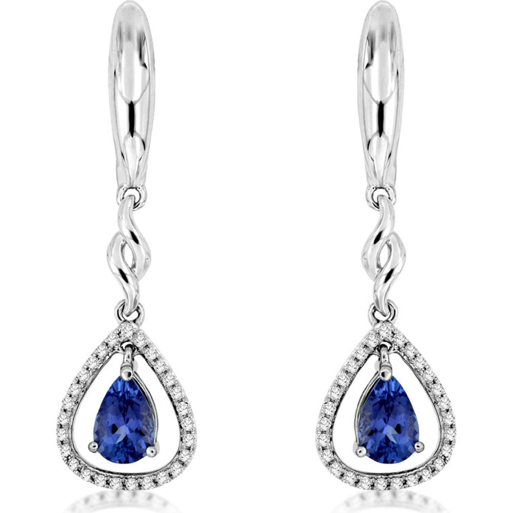 14K White Gold Pear Shape Tanzanite Drop Earrings with Diamond Halo Accents - 0.85 Carat Total Tanzanite Weight & 0.15 Carat Total Diamond Weight - Royal Jewelry