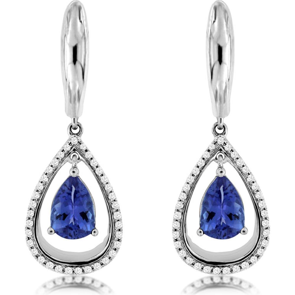 14K White Gold Pear Shape Tanzanite Drop Earrings with Diamond Teardrop Halo Frame - 1.50 Carat Total Tanzanite Weight and 0.20 Carat Total Diamond Weight - Royal Jewelry