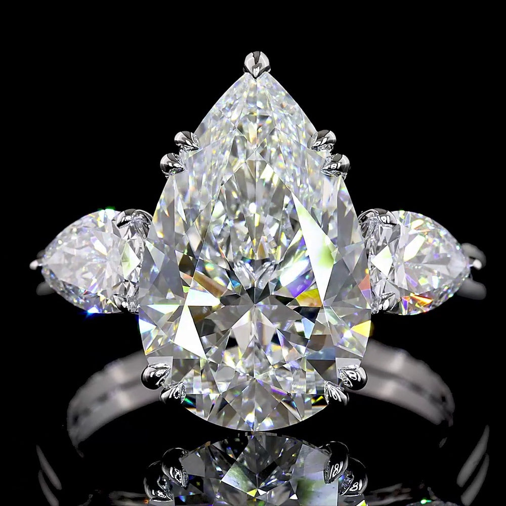 14K White Gold Pear Shape Three Stone Ring with 5.03 Carat Center Lab Diamond and 0.90 Carat Side Lab Diamonds - 5.93 Carat Total Weight, IGI Certified E-F VS1 - Covaloro Fine Jewelry