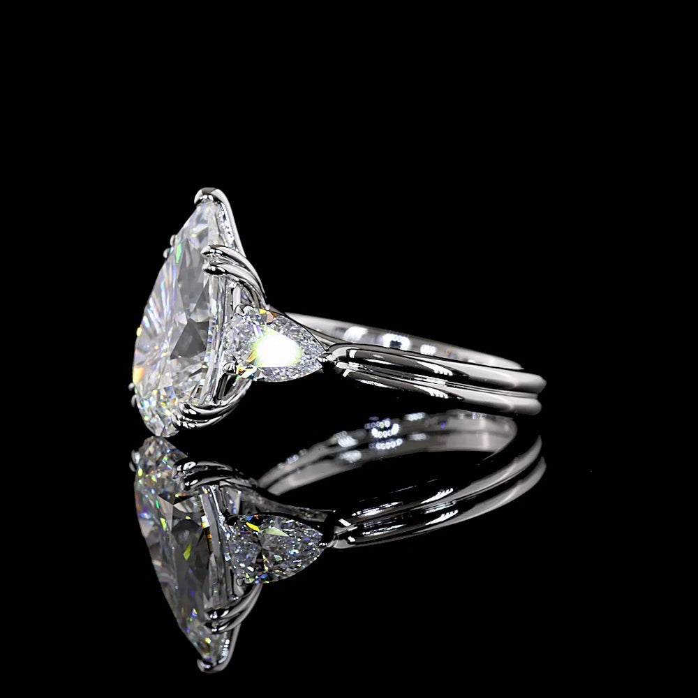 14K White Gold Pear Shape Three Stone Ring with 5.03 Carat Center Lab Diamond and 0.90 Carat Side Lab Diamonds - 5.93 Carat Total Weight, IGI Certified E-F VS1 - Covaloro Fine Jewelry