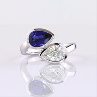 14K White Gold Pear Shape Toi et Moi Ring with Bezel Set Lab-Grown Blue Sapphire and Lab-Grown Diamond - 2.42 Carats Total Gem Weight - Covaloro Fine Jewelry