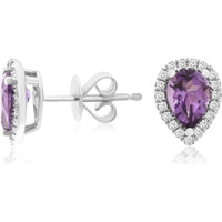 14K White Gold Pear-Shaped Amethyst and Diamond Halo Stud Earrings - 1.40 Carat Total Amethyst Weight and 0.10 Carat Total Diamond Weight - Royal Jewelry