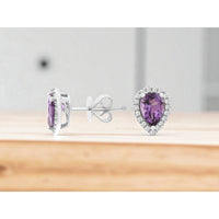 14K White Gold Pear-Shaped Amethyst and Diamond Halo Stud Earrings - 1.40 Carat Total Amethyst Weight and 0.10 Carat Total Diamond Weight - Royal Jewelry