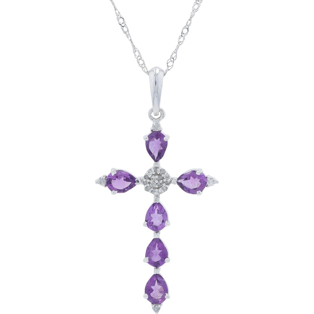 14K White Gold Pear-Shaped Amethyst Cross Pendant with Diamond Cluster Center - 0.30 Carat Total Diamond Weight