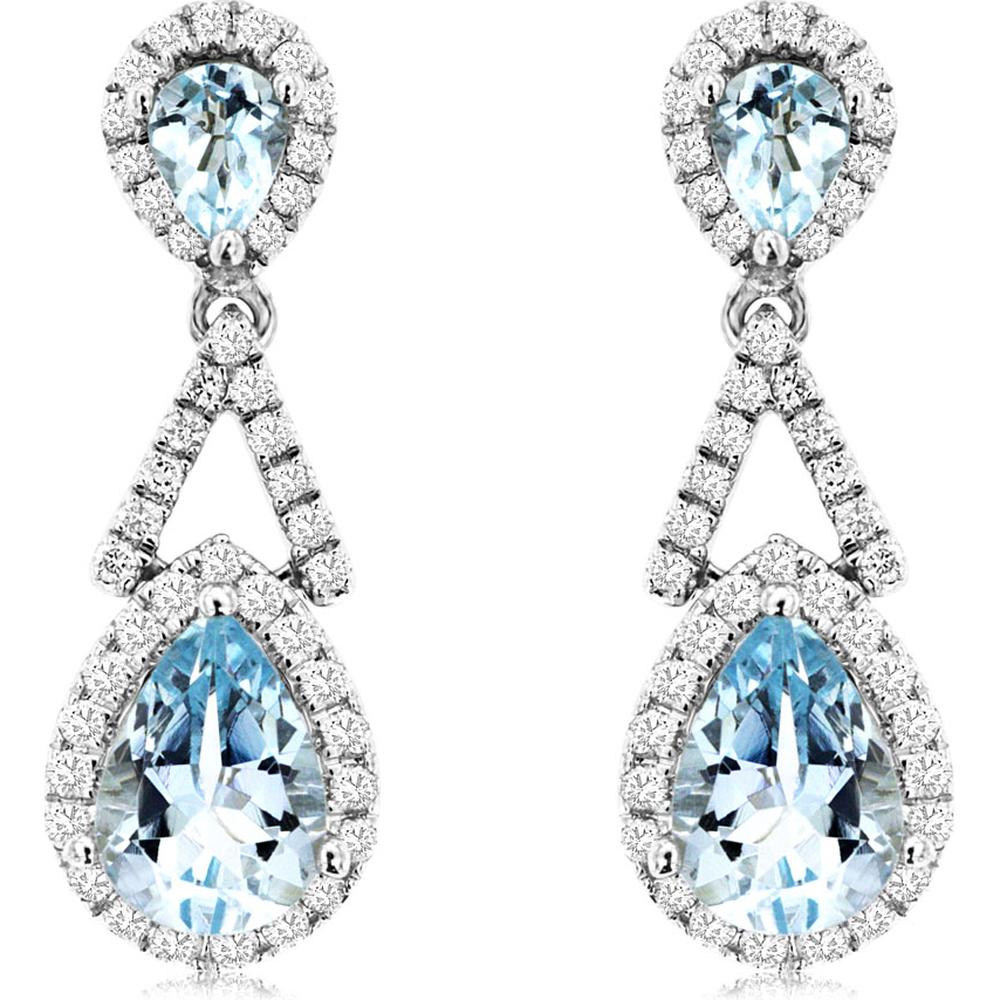 14K White Gold Pear-Shaped Aquamarine and Diamond Halo Drop Earrings - 1.95 Carat Total Gem Weight - Royal Jewelry