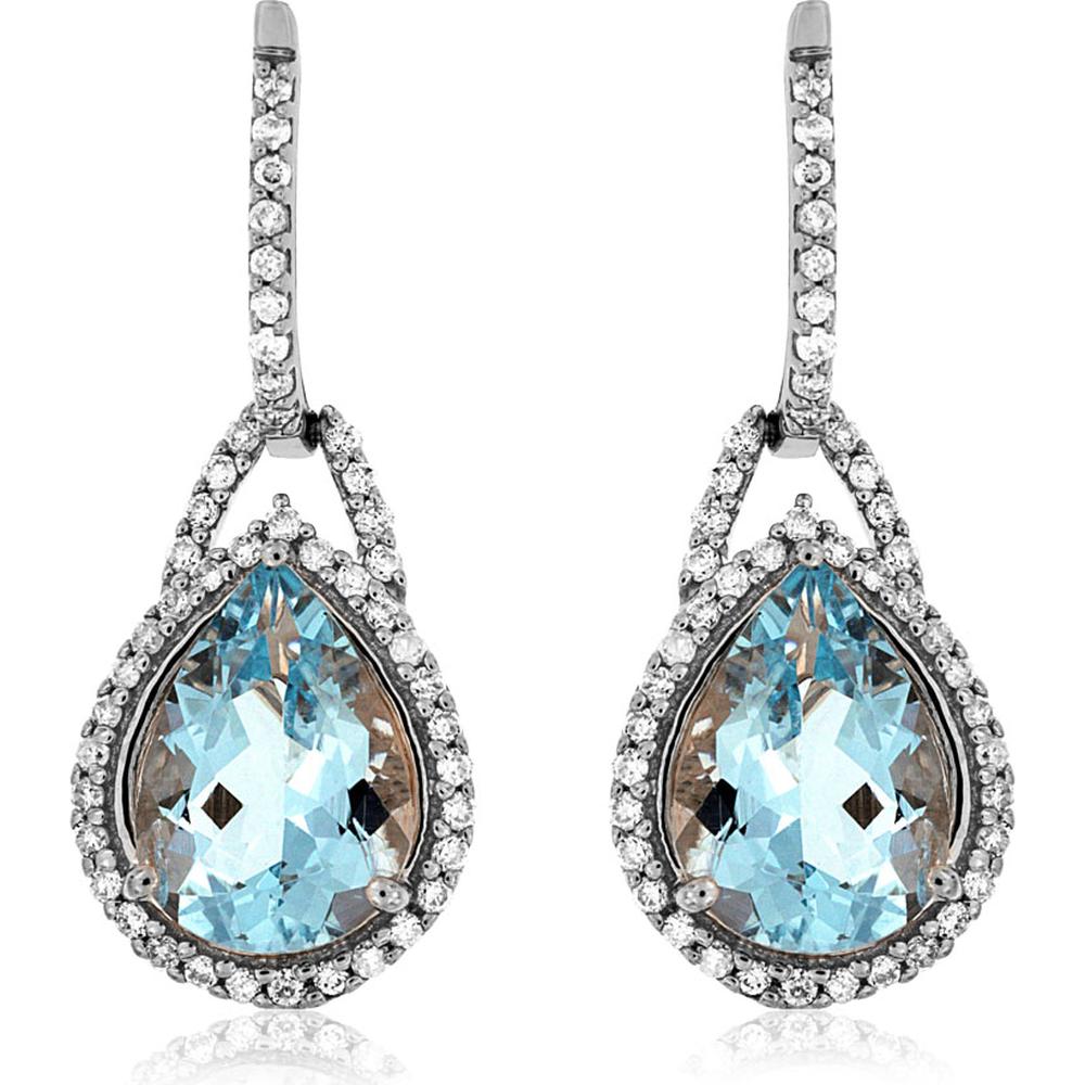 14K White Gold Pear-Shaped Aquamarine and Diamond Halo Drop Earrings - 3.10 Carat Total Aquamarine Weight, 0.40 Carat Total Diamond Weight - Royal Jewelry